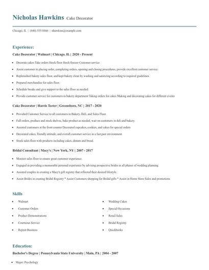 Cake Decorator Resume