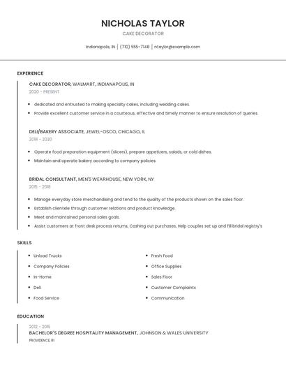 Cake Decorator Resume