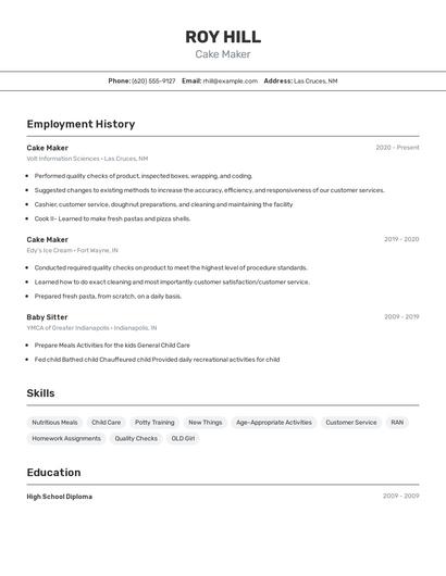 Cake Maker Resume