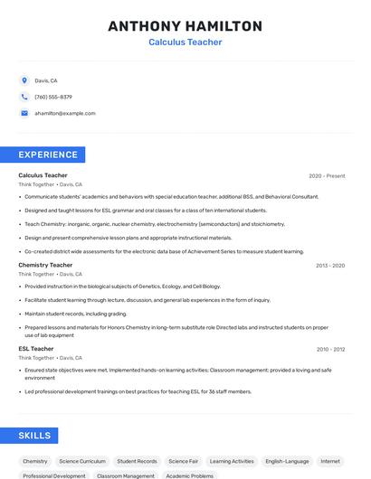 Calculus Teacher Resume