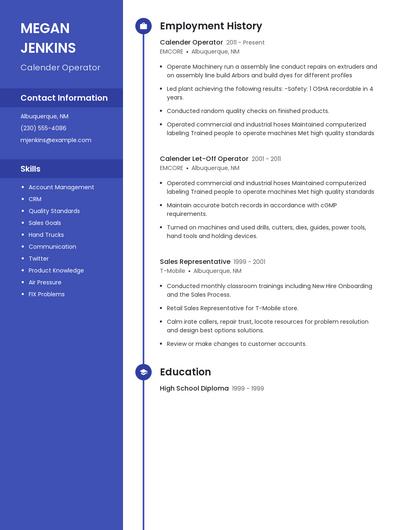 Calender Operator Resume
