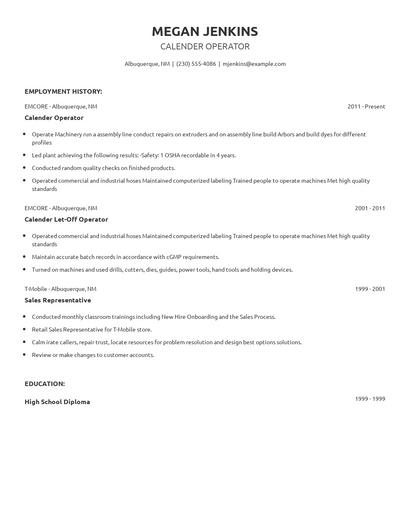 Calender Operator Resume