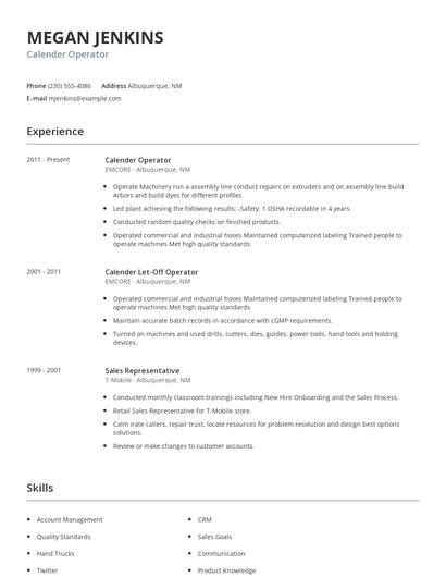 Calender Operator Resume