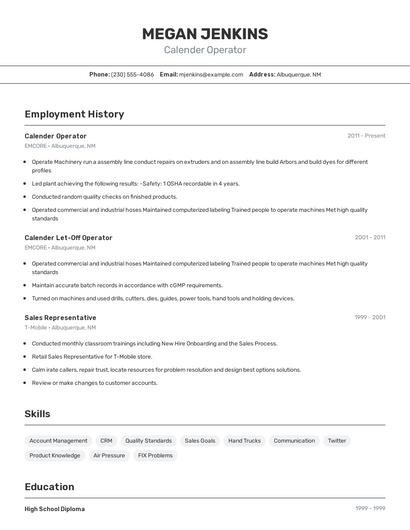 Calender Operator Resume