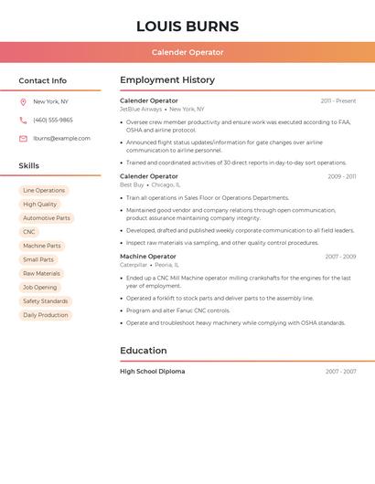 Calender Operator Resume