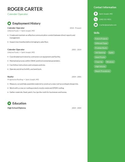 Calender Operator Resume