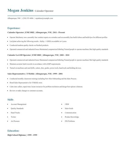 Calender Operator Resume