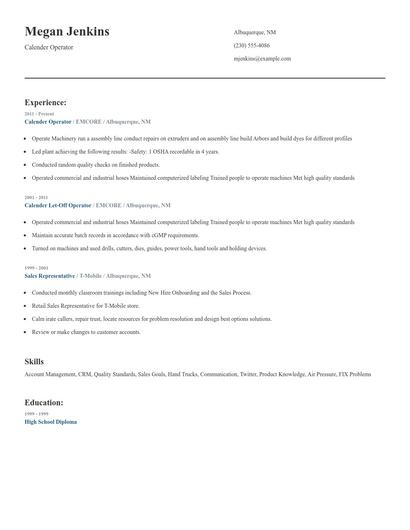 Calender Operator Resume
