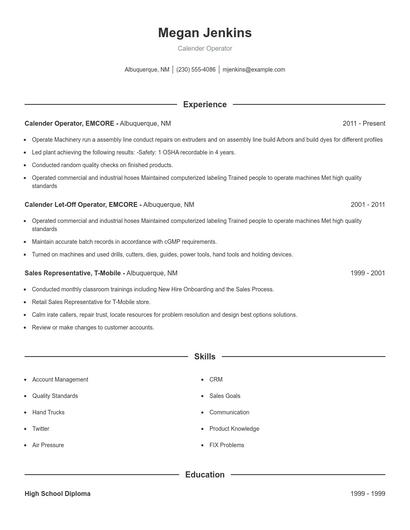 Calender Operator Resume