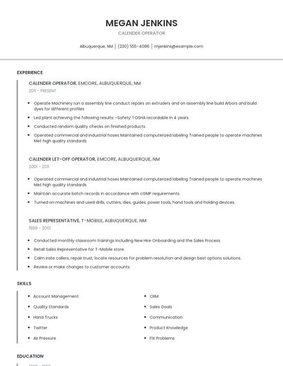 Calender Operator Resume