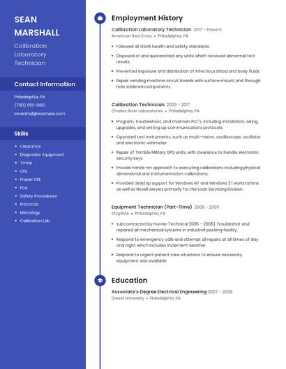 Calibration Laboratory Technician Resume