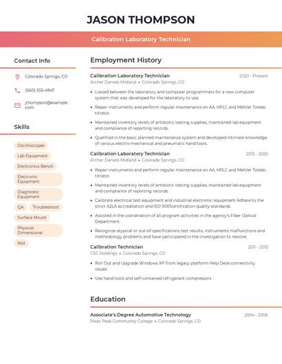 Calibration Laboratory Technician Resume