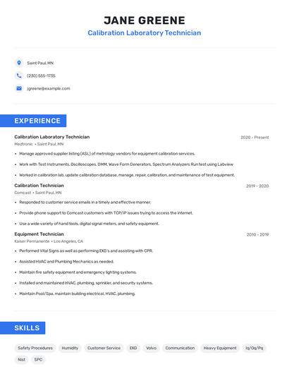 Calibration Laboratory Technician Resume