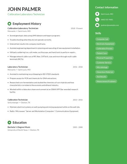 Calibration Laboratory Technician Resume