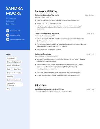 Calibration Laboratory Technician Resume