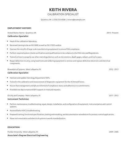 Calibration Specialist Resume