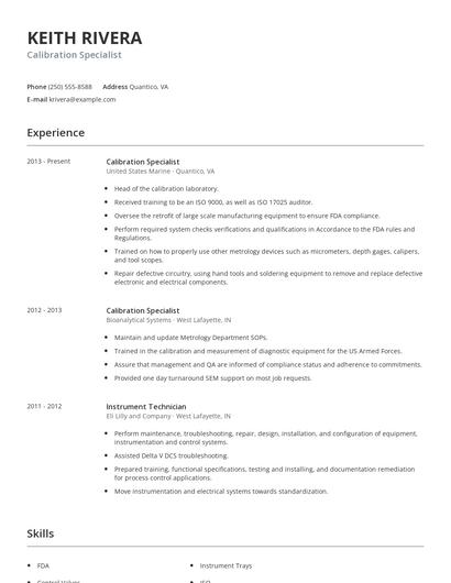 Calibration Specialist Resume