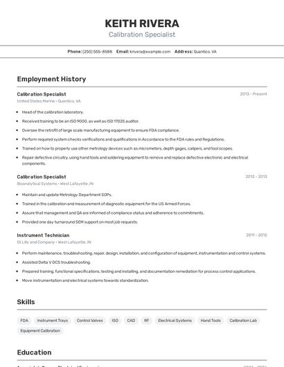 Calibration Specialist Resume