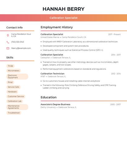 Calibration Specialist Resume