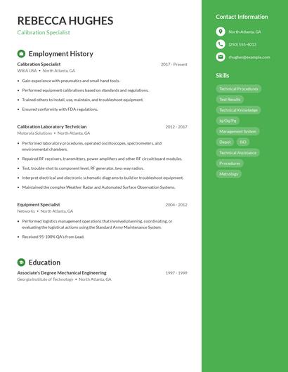 Calibration Specialist Resume