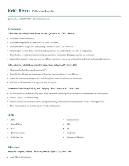 Calibration Specialist Resume