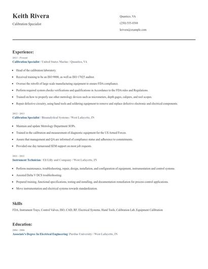 Calibration Specialist Resume