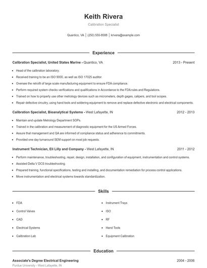 Calibration Specialist Resume