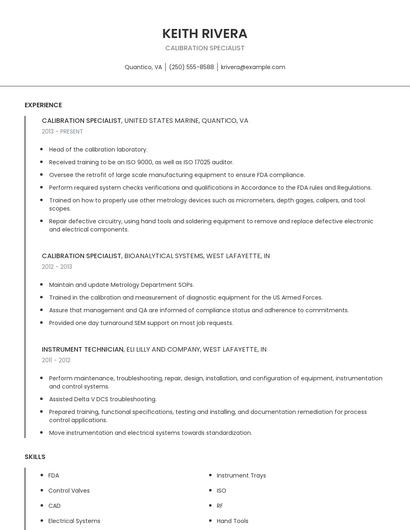 Calibration Specialist Resume