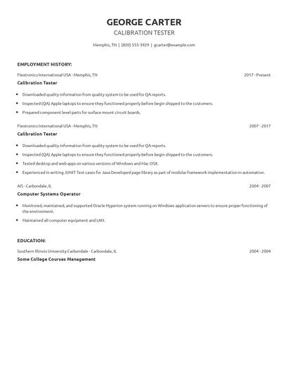 Calibration Tester Resume