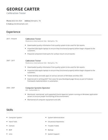 Calibration Tester Resume