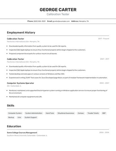 Calibration Tester Resume