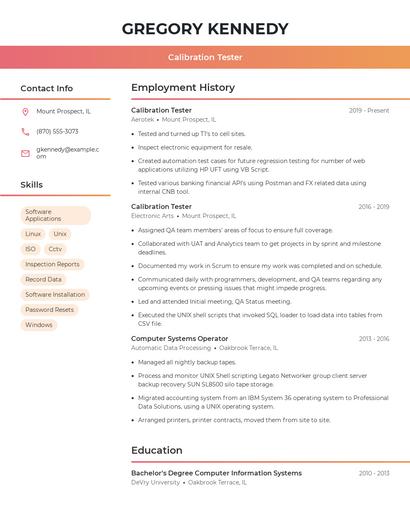 Calibration Tester Resume