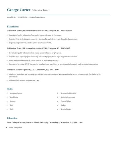 Calibration Tester Resume