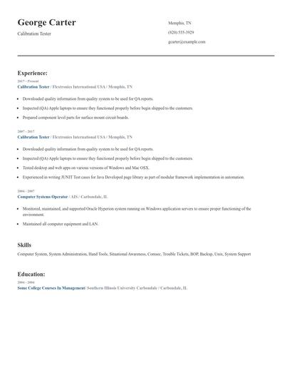 Calibration Tester Resume