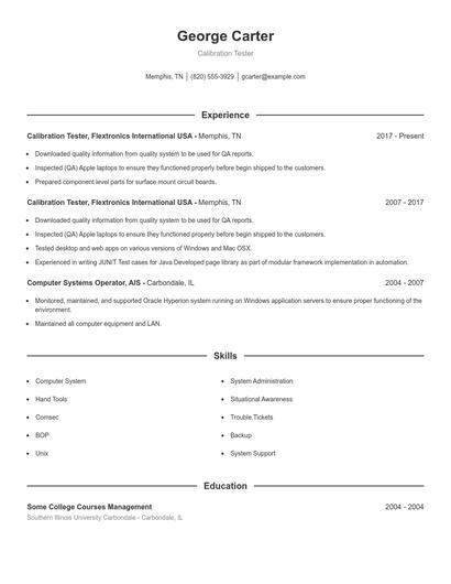 Calibration Tester Resume