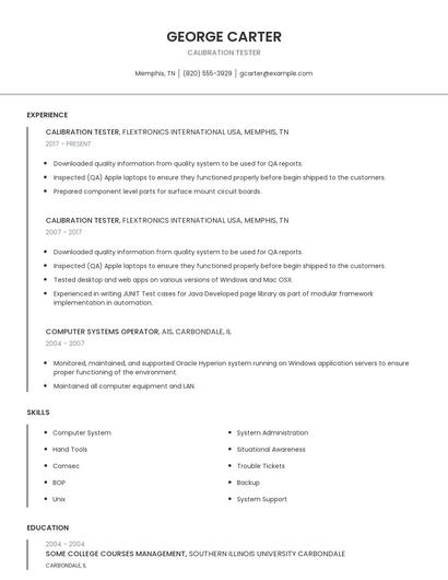 Calibration Tester Resume