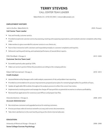 Call Center Team Leader Resume