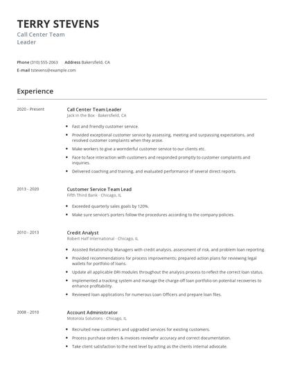 Call Center Team Leader Resume