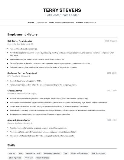 Call Center Team Leader Resume