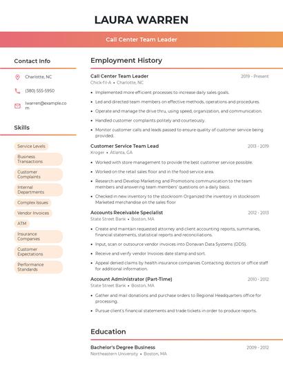 Call Center Team Leader Resume