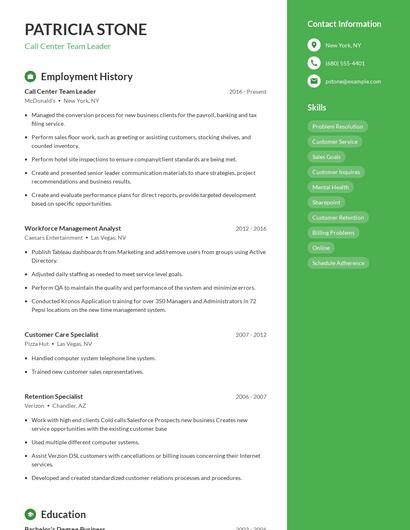 Call Center Team Leader Resume