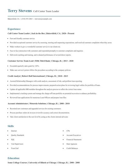 Call Center Team Leader Resume