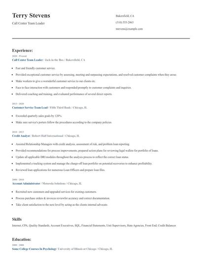 Call Center Team Leader Resume