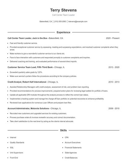 Call Center Team Leader Resume