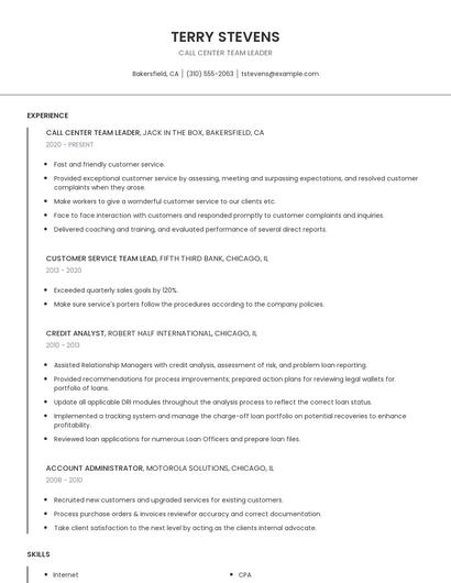 Call Center Team Leader Resume