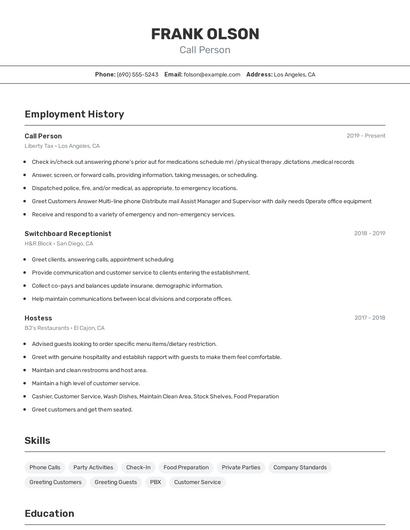 Call Person Resume