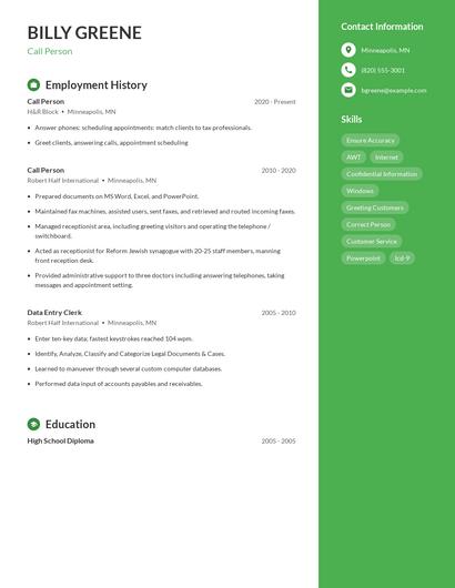 Call Person Resume
