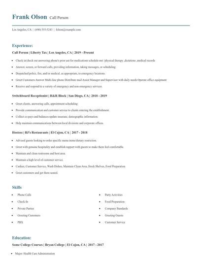 Call Person Resume