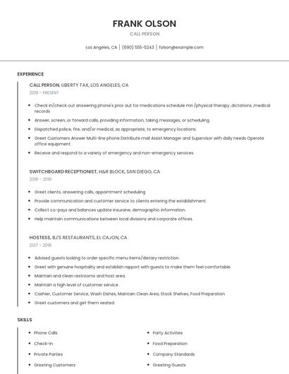 Call Person Resume