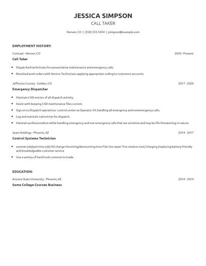 Call Taker Resume